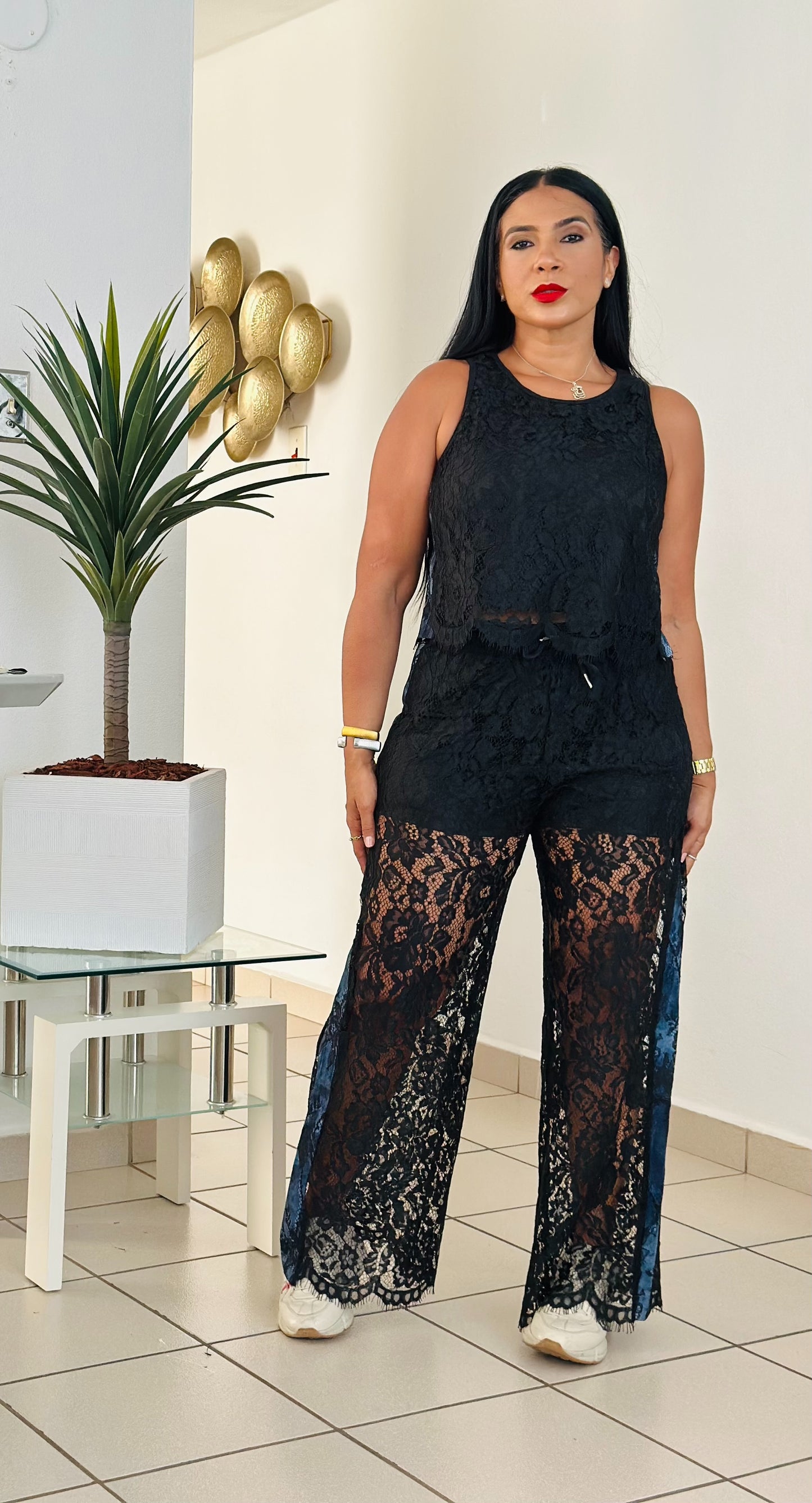 Septiembre Spandex Black Lace and Denim Details Pants Set