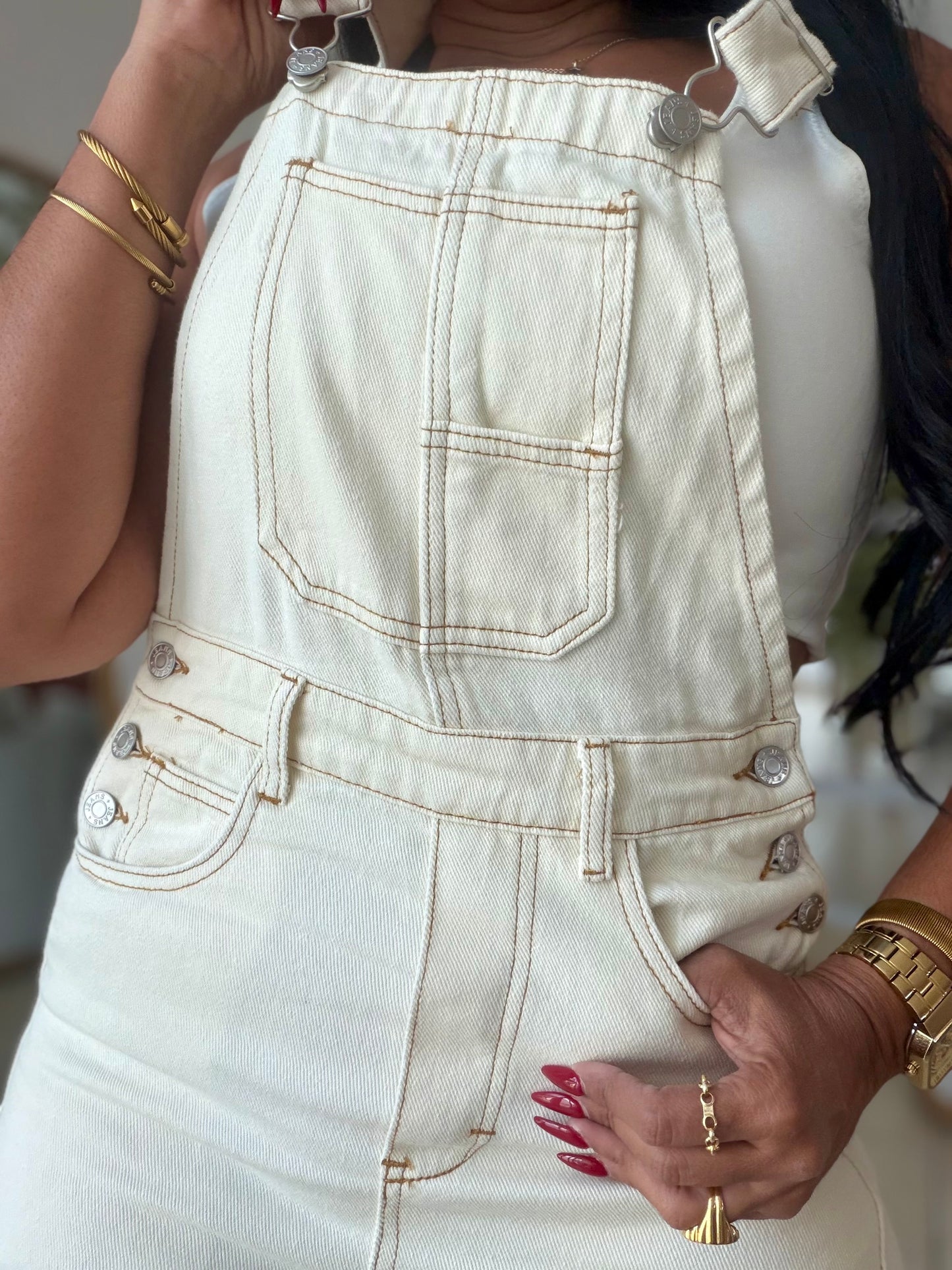 Milk Beige Barrel Denim Baggy Overall Spandex