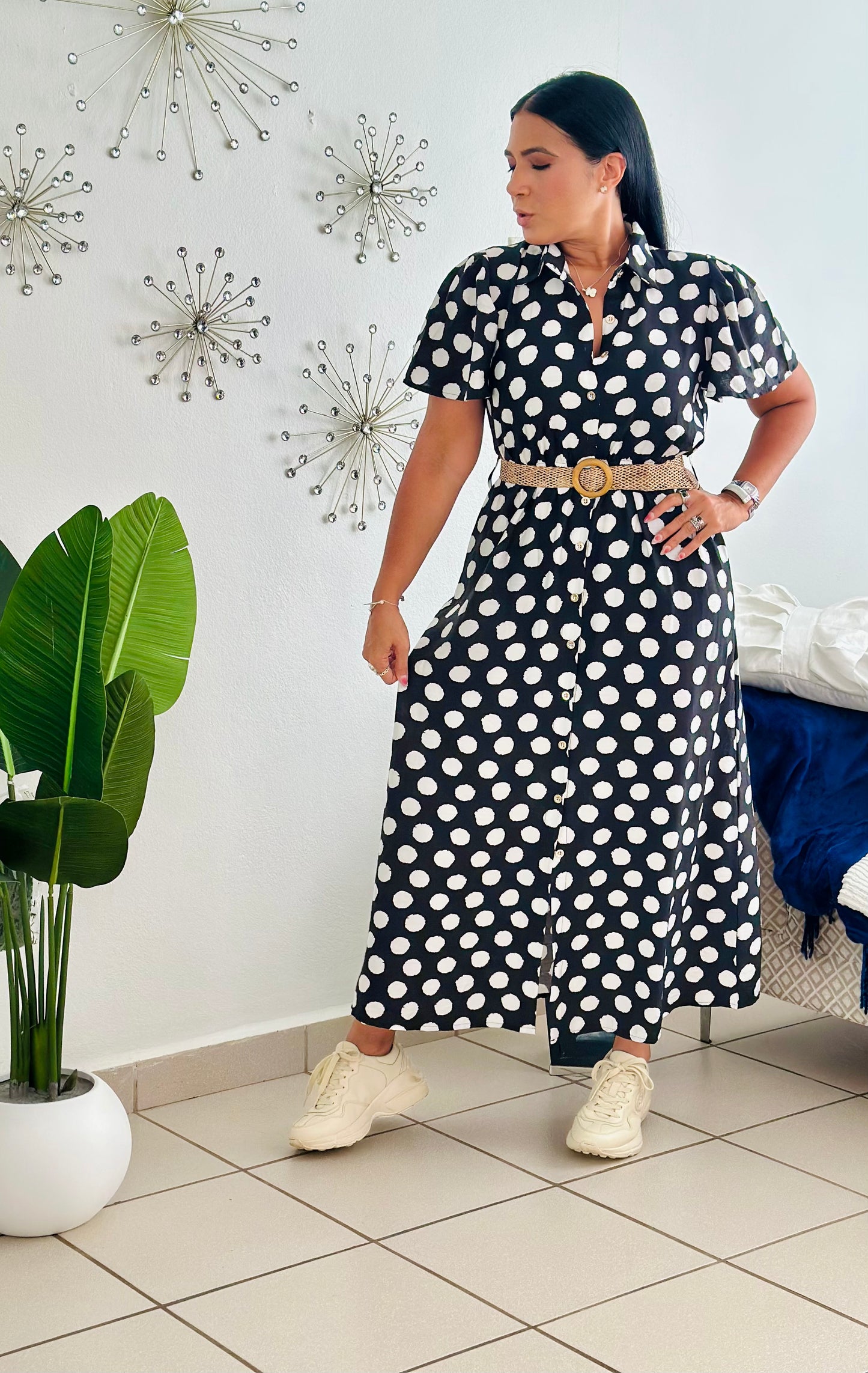 Polka Dots Black and White Spandex Midi Dress (Incluye cinturón removible) bien cómodo y expandible