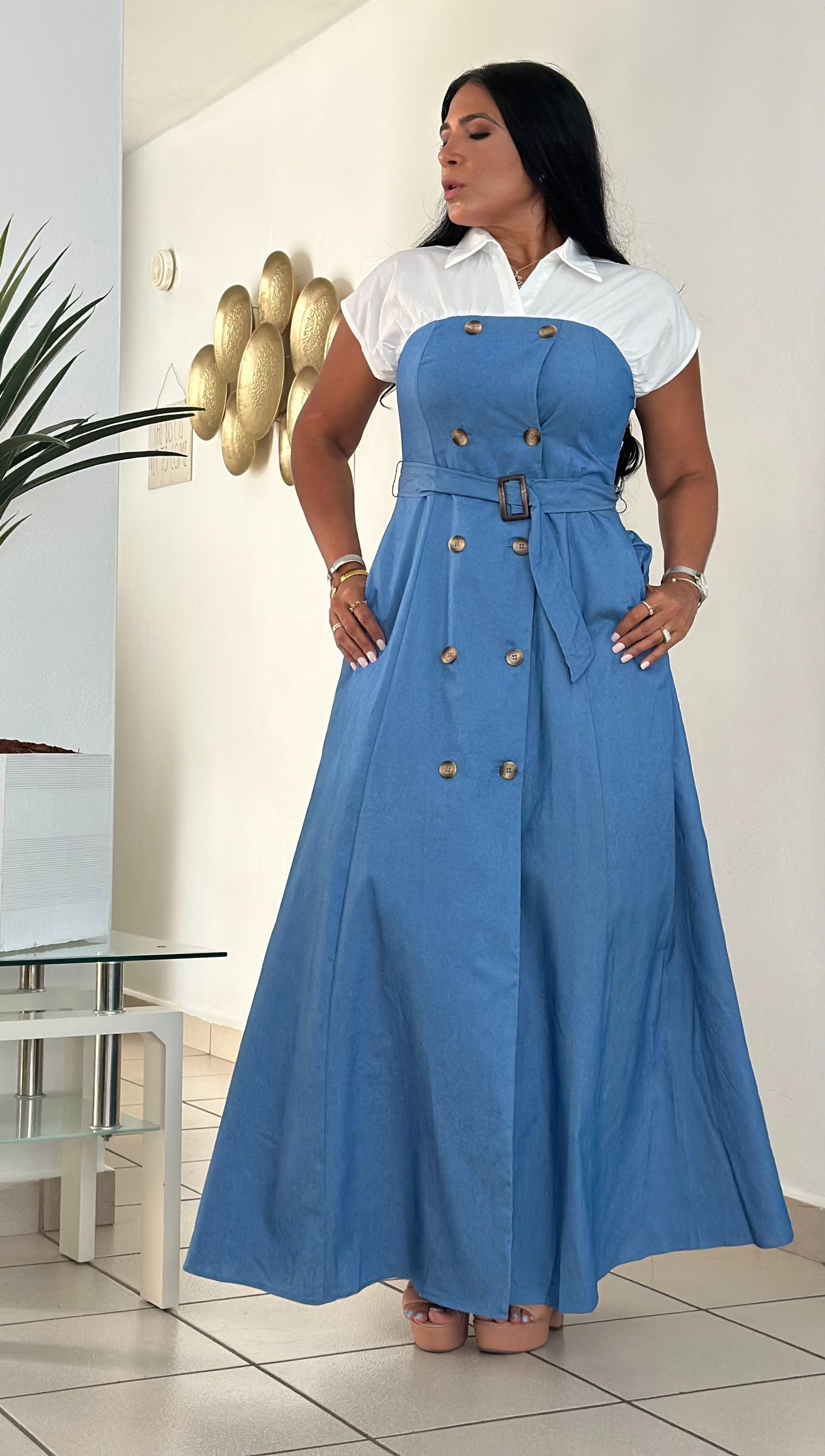 Ellas Spandex Blue DENIM Maxi Dress (Inclue cinturón removible, tiene bolsillos, liviano y totalmente suelto)