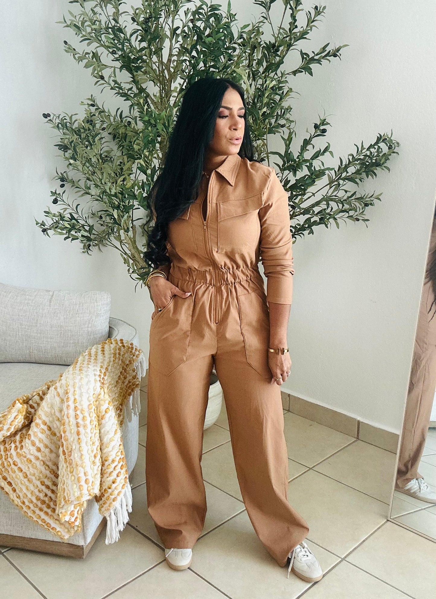 Tan Tan Oversized Spandex Jumpsuit With Pockets Wide Leg