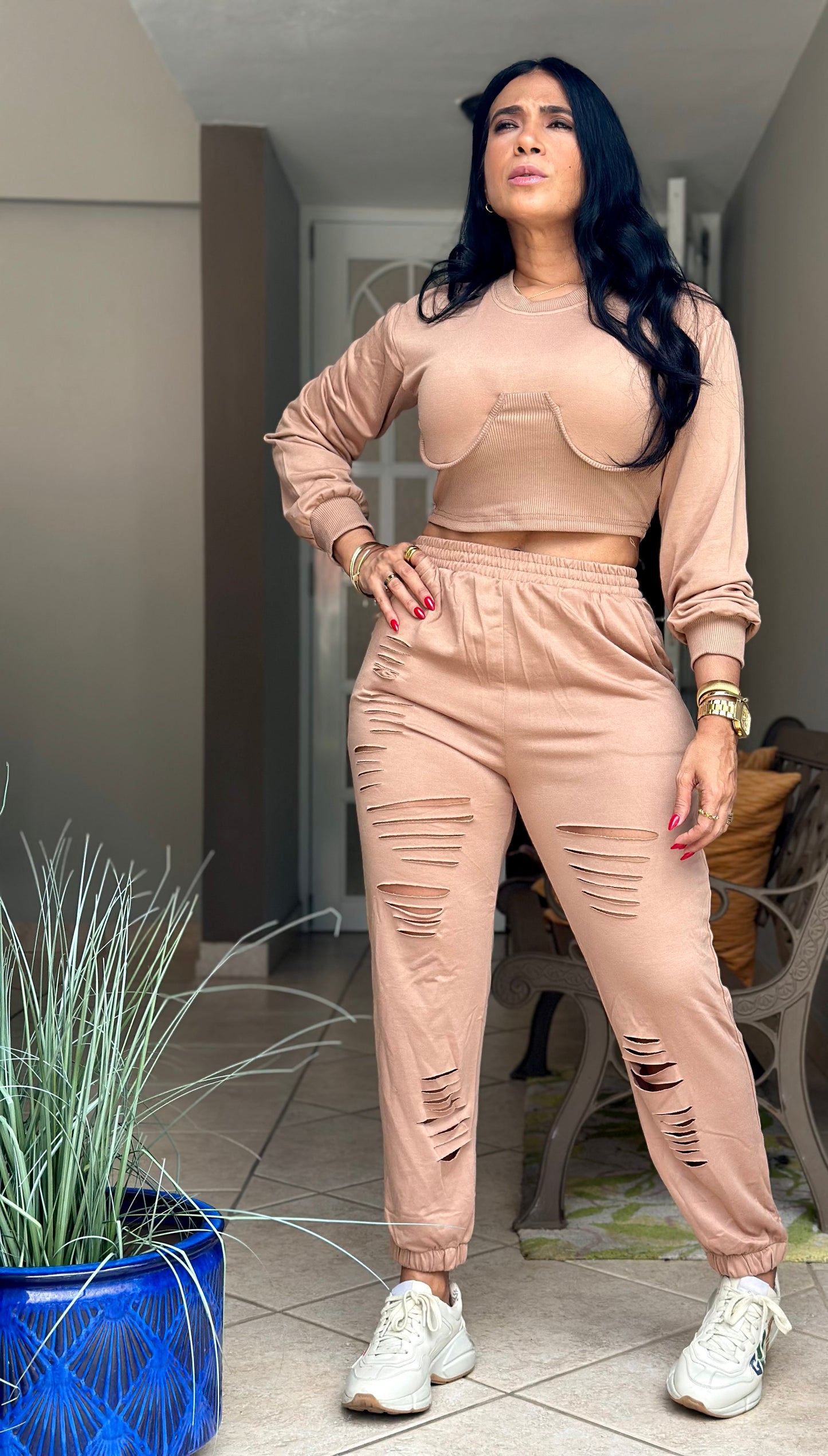 De Jevas Spandex Mocha Set (tiene bolsillos y es biennn expandible)