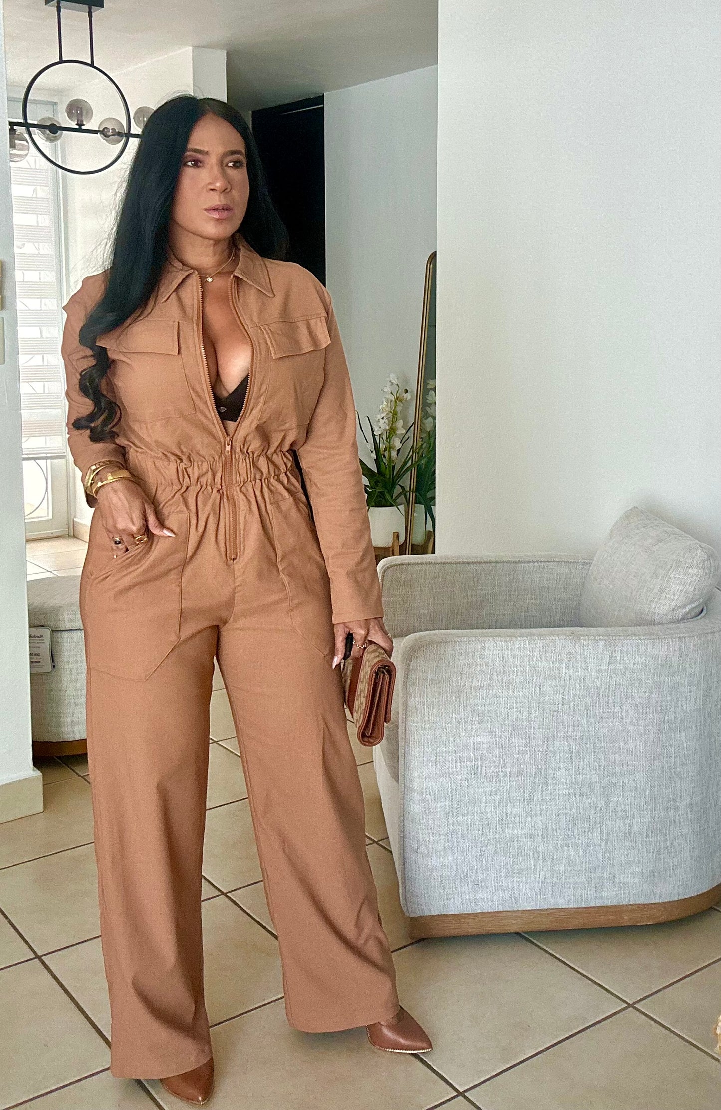 Tan Tan Oversized Spandex Jumpsuit With Pockets Wide Leg
