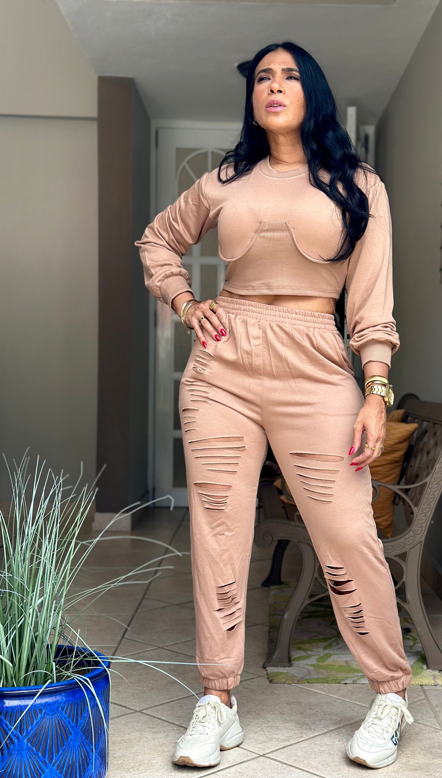 De Jevas Spandex Mocha Set (tiene bolsillos y es biennn expandible)