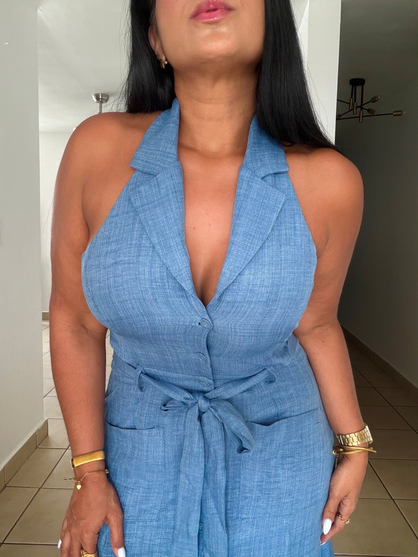 Denim Blue Halter Spandex Cut-Out Midi Dress