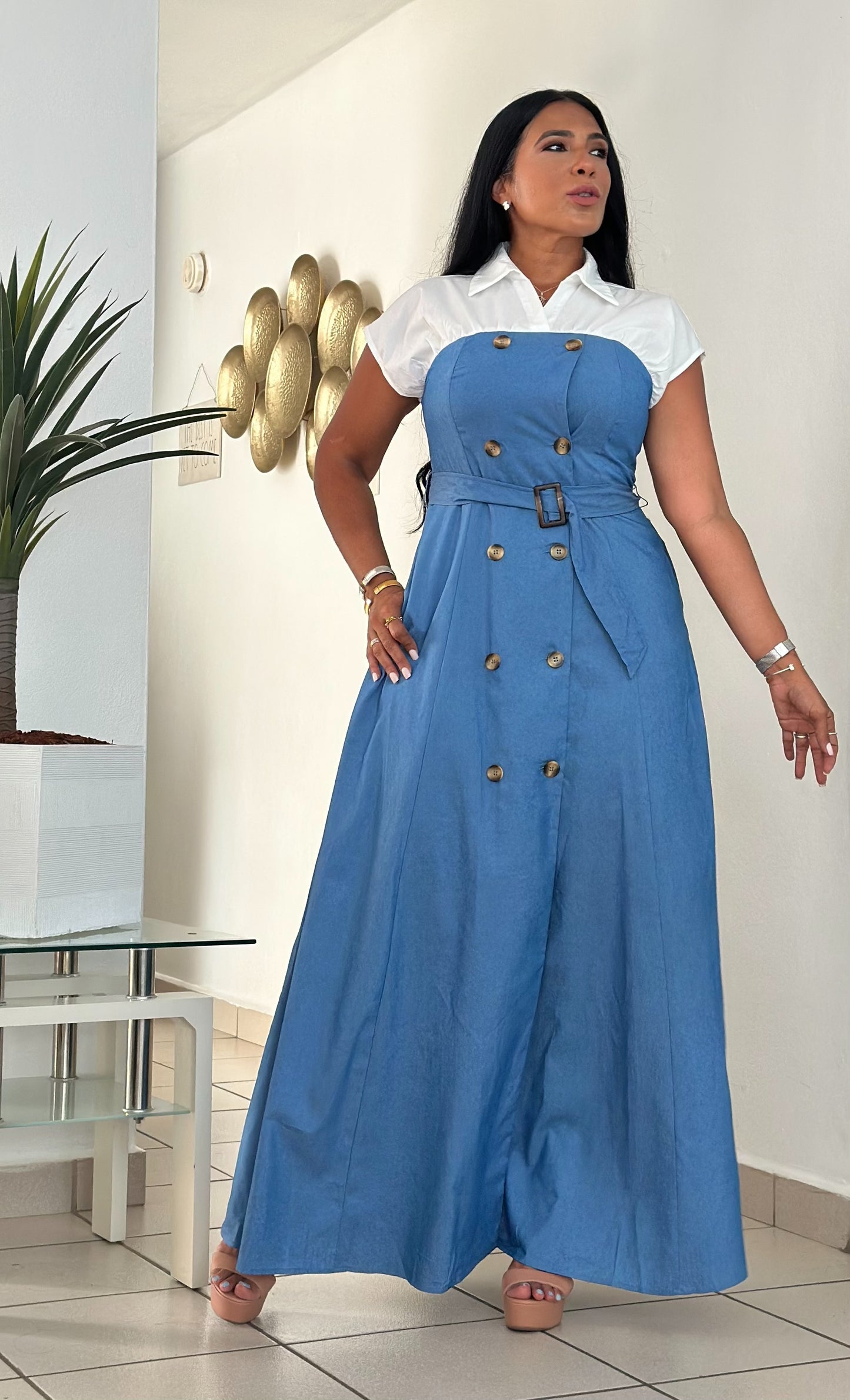 Ellas Spandex Blue DENIM Maxi Dress (Inclue cinturón removible, tiene bolsillos, liviano y totalmente suelto)