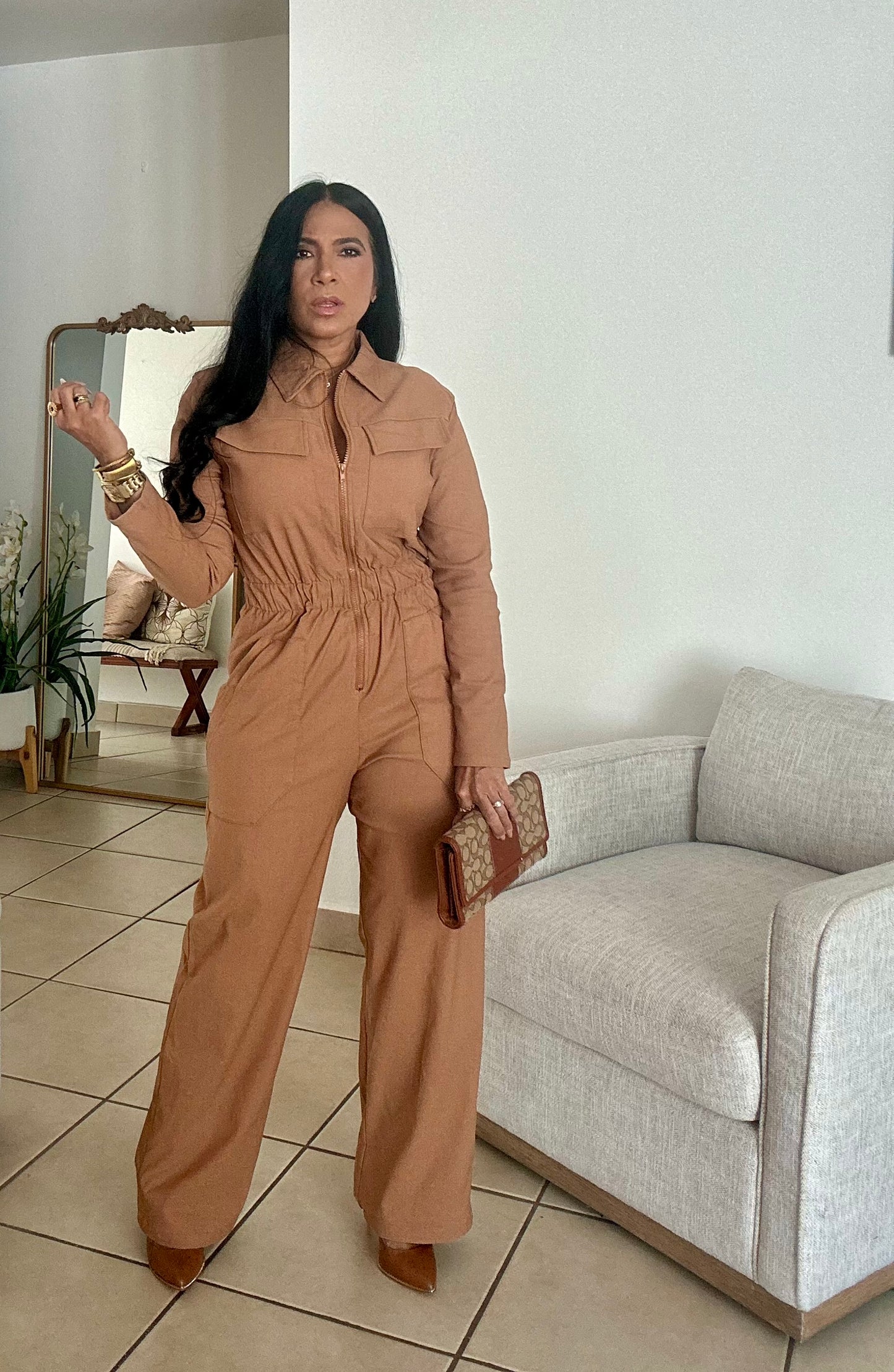 Tan Tan Oversized Spandex Jumpsuit With Pockets Wide Leg