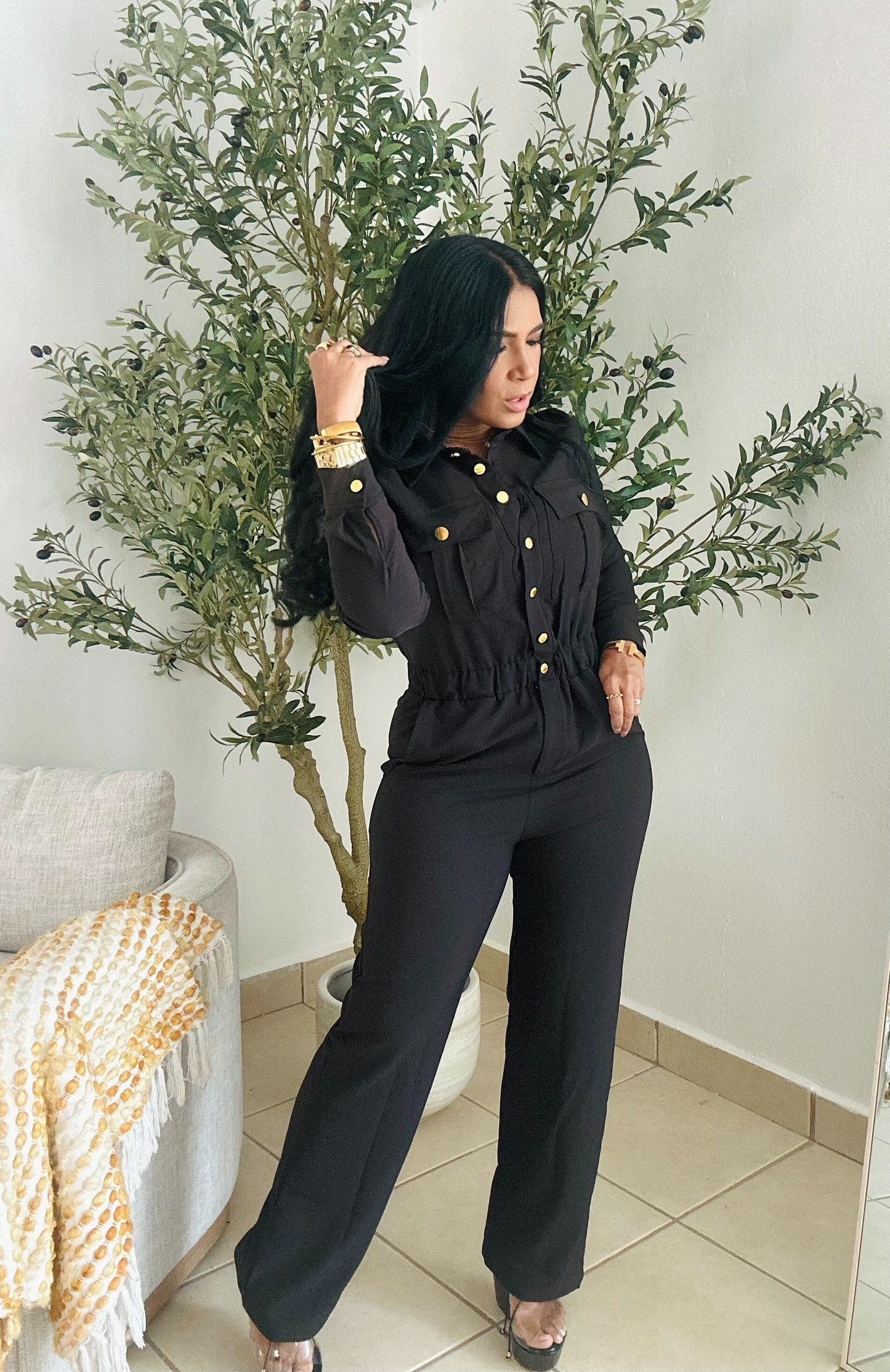 Vallenato Black Spandex Jumpsuit With Pockets (botones dorados)