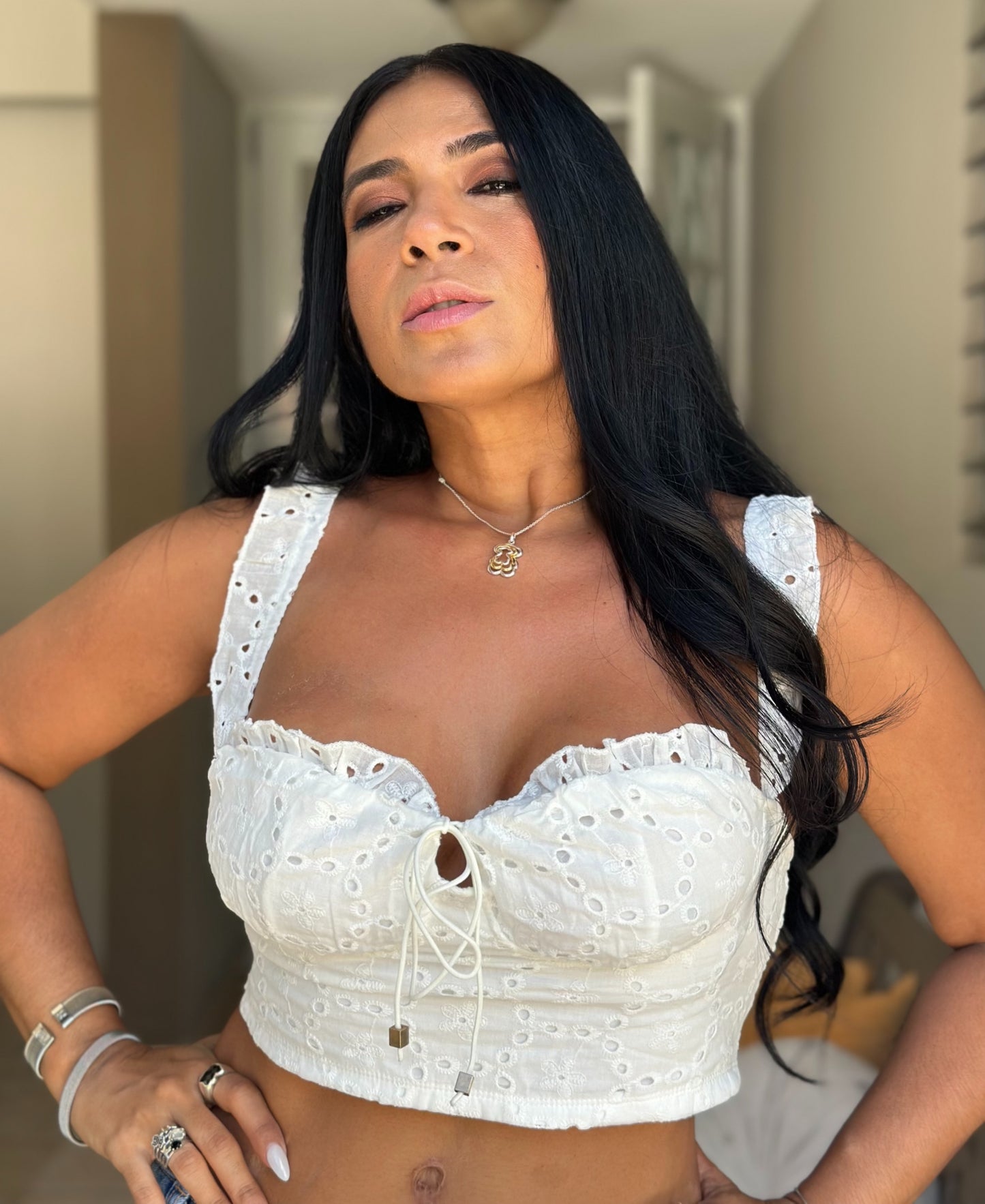 Mudanza White Spandex Eyelet Top