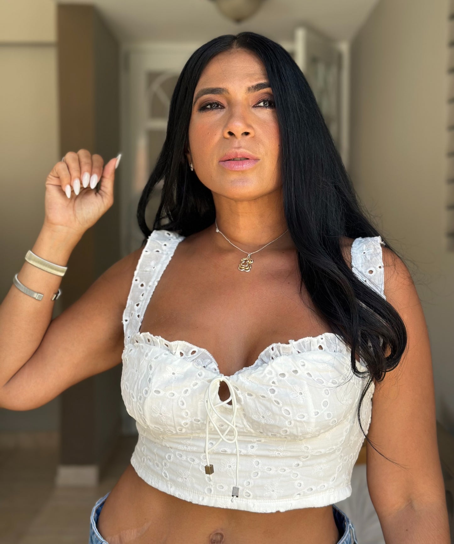 Mudanza White Spandex Eyelet Top