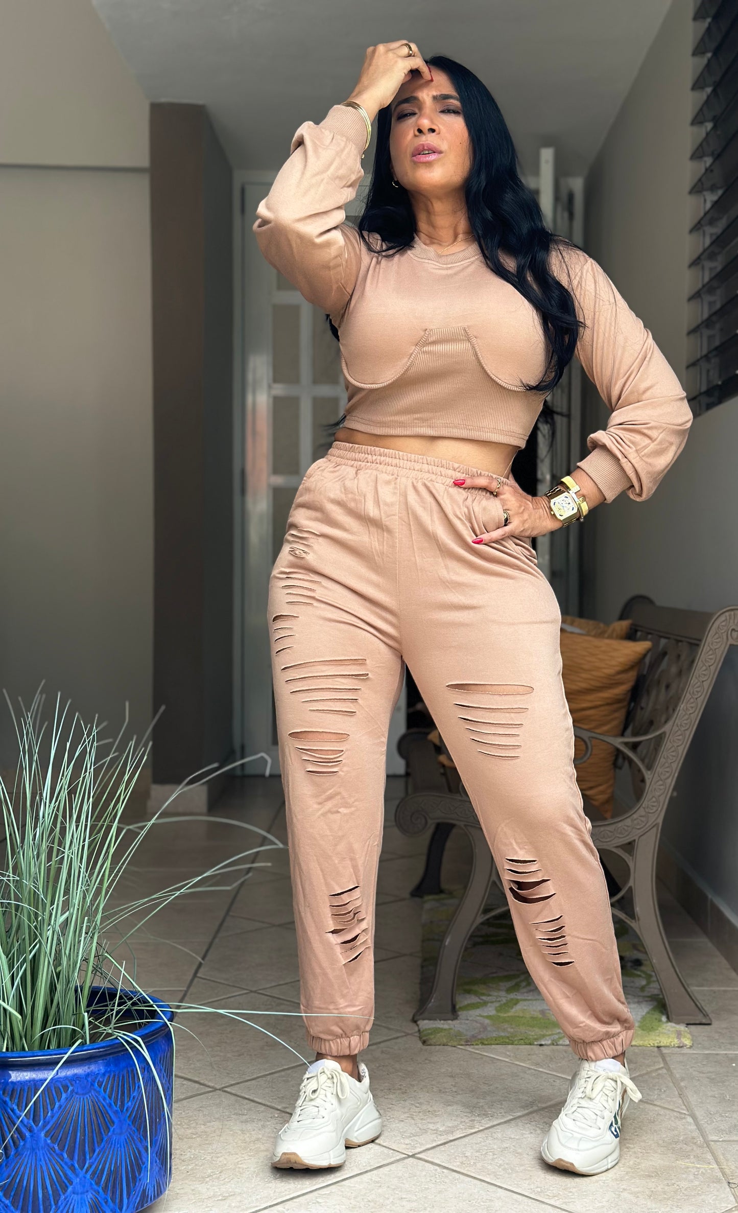 De Jevas Spandex Mocha Set (tiene bolsillos y es biennn expandible)