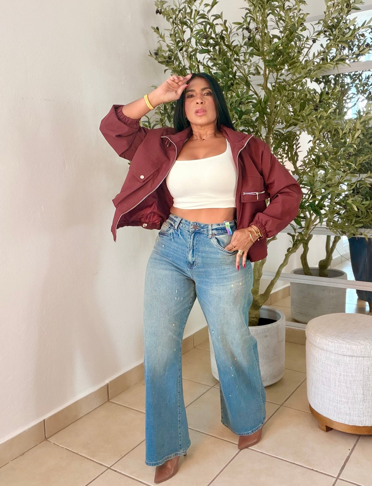 Burgundy Luxe Oversized Spandex Bomber Jacket Top One Size (SOLD OUT GRACIAS)
