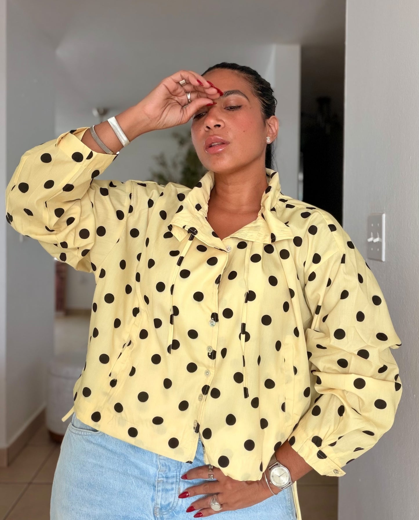 Bomber Top/Jacket Liviano Premium Butter Yellow Polka Dots (tiene bolsillos)