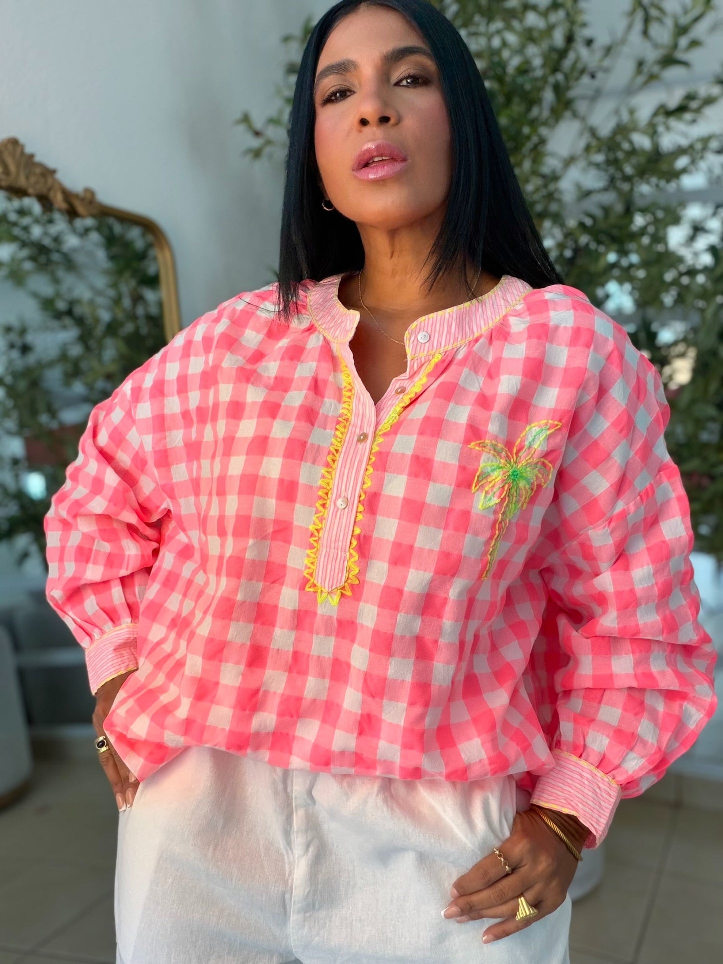 The Palms Luxe Oversized Gingham Blouse (Blusòn Oversized) Neon Multicolor