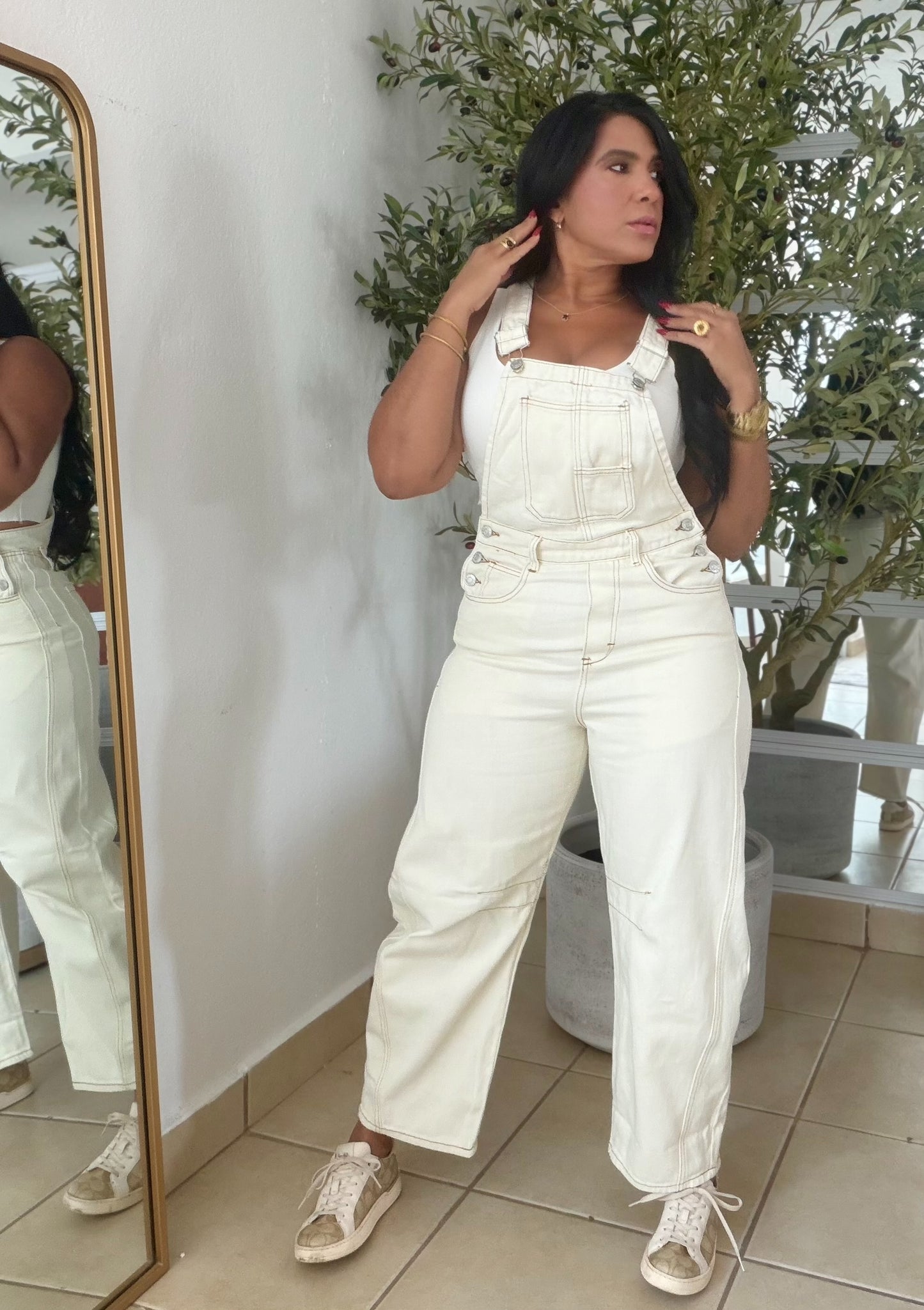 Milk Beige Barrel Denim Baggy Overall Spandex