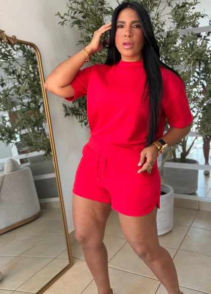 Rojo Red De lujo Oversized Top and Shorts Spandex Sporty Set