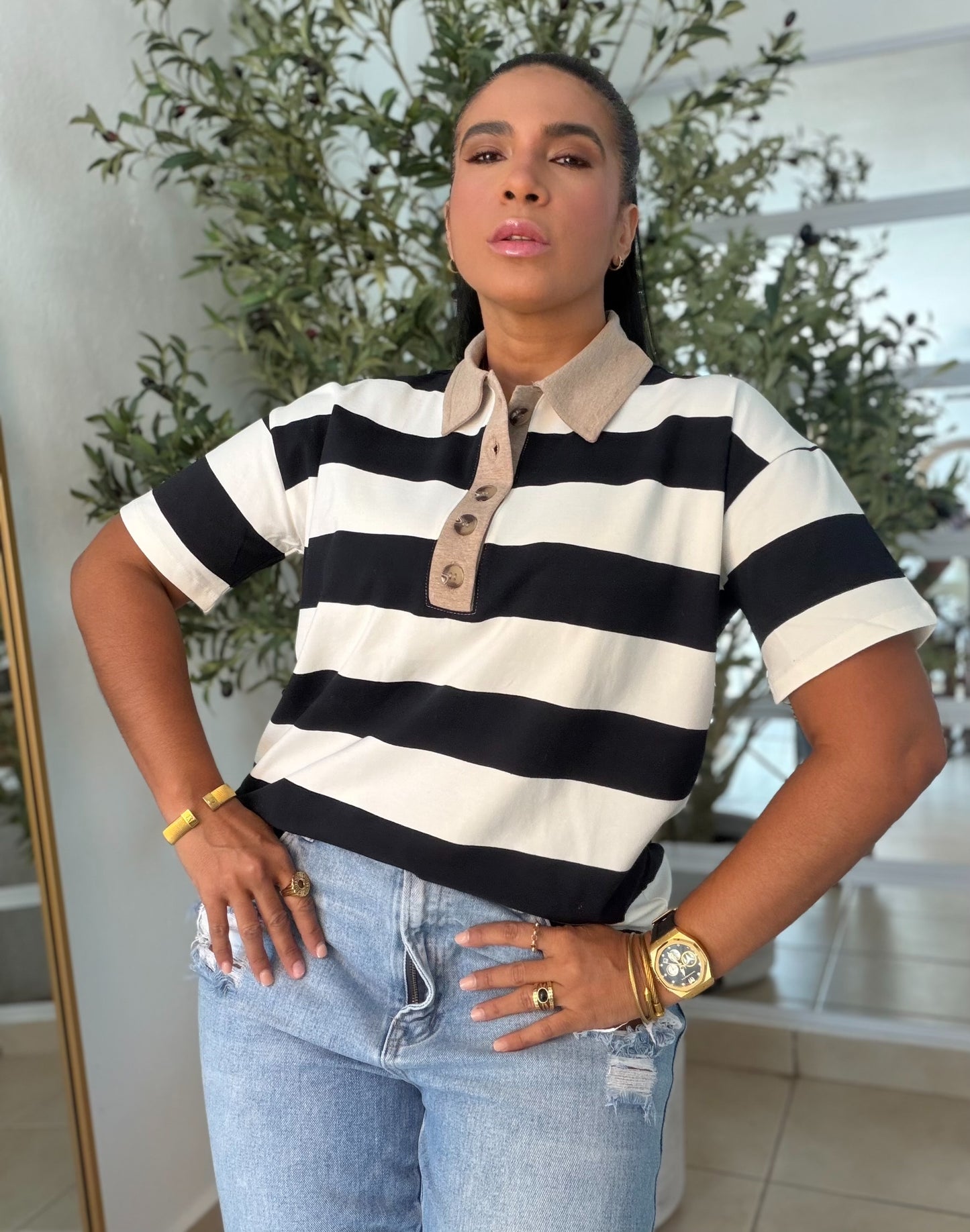 Blacky Black and White Luxe Spandex Premium Striped Polo Shirt (camisa con lìneas color negro)