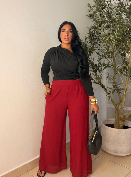 Luxe Red Wine Palazzo Spandex Pants (ben spandex es para quedar suelto porque es palazzo) con bolsillos