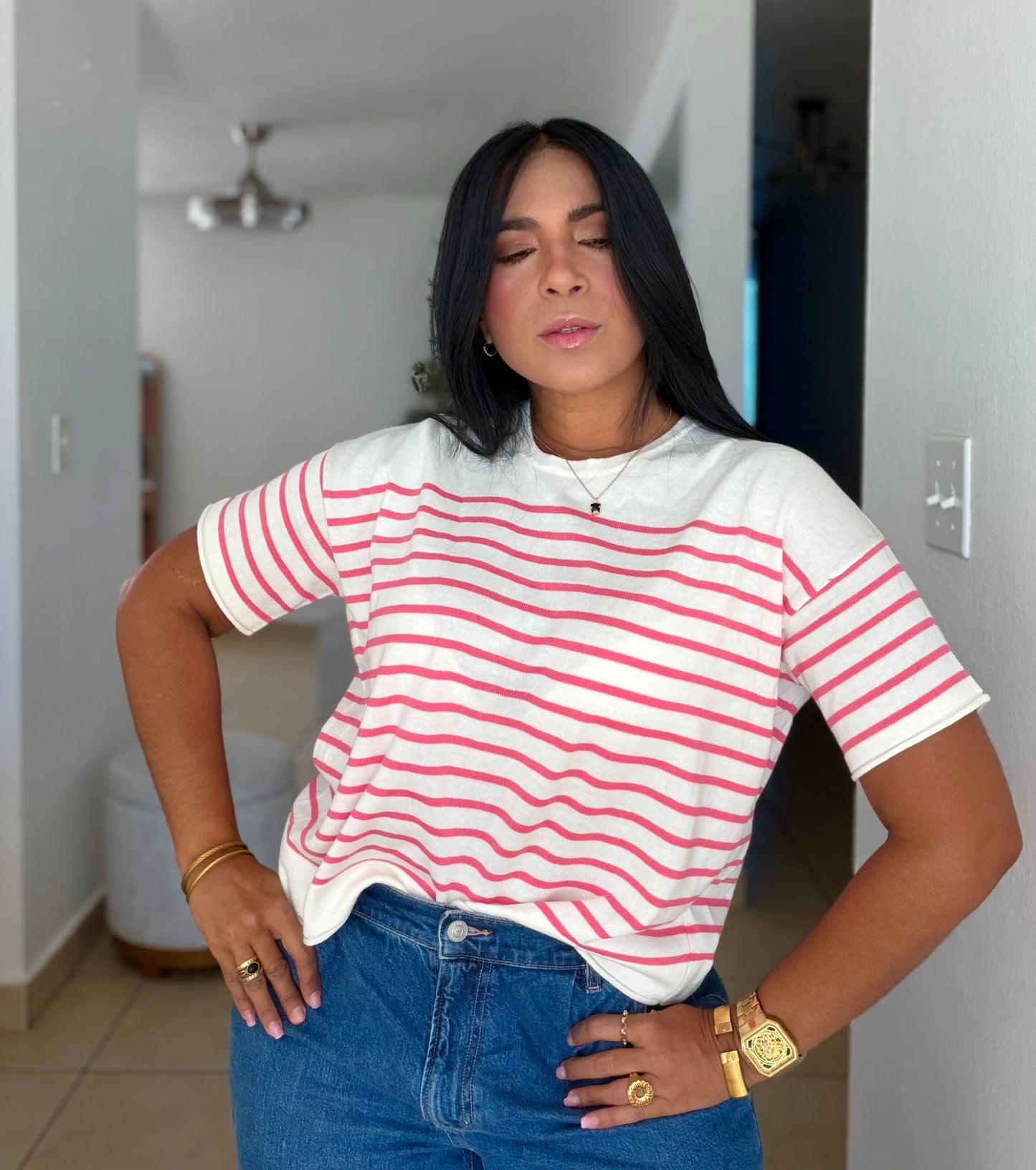 Pretty Pink and White Striped Luxe Spandex Top (líneas rosa intenso) Calidad Premium