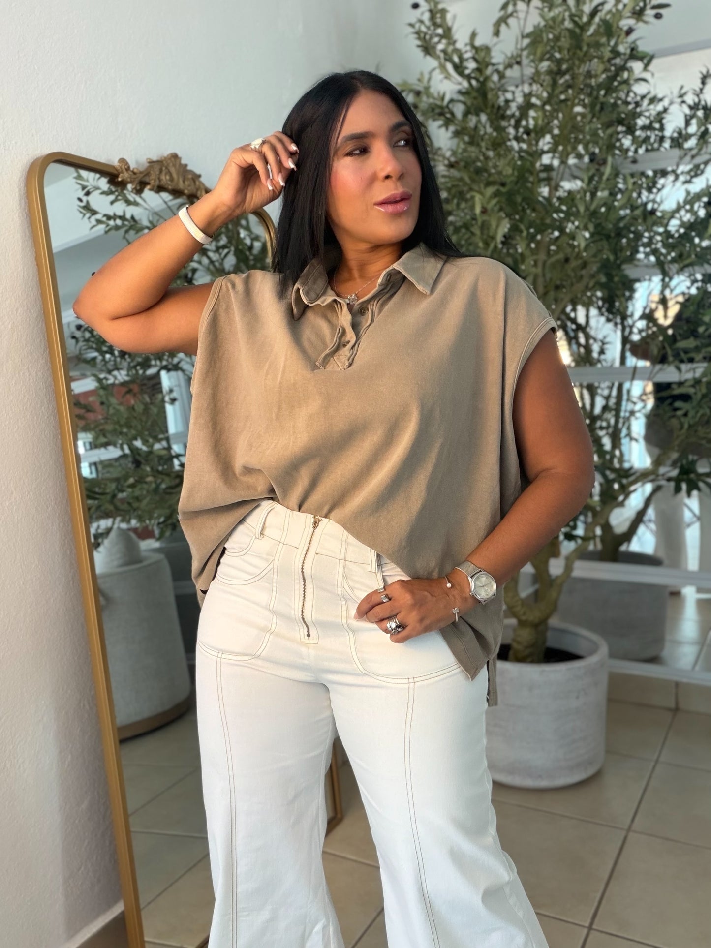 Mocha Beige Luxe Urban 100% cotton Long Top