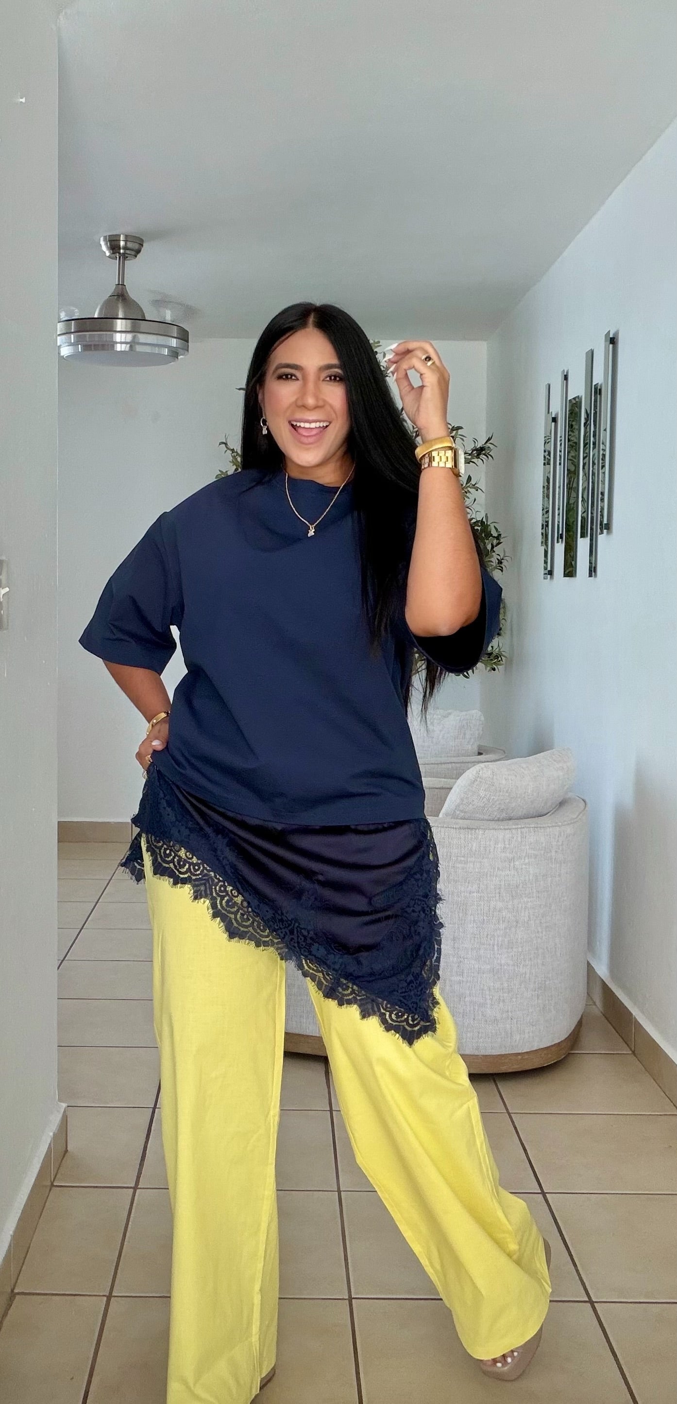 Lulu Oversized Luxe Navy Blue Shirt with lace