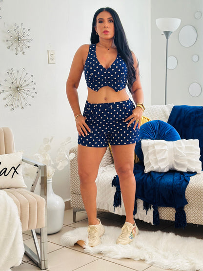 Navy Polka Dots Set (Tiene bolsillos y pantalòn tiene Spandex
