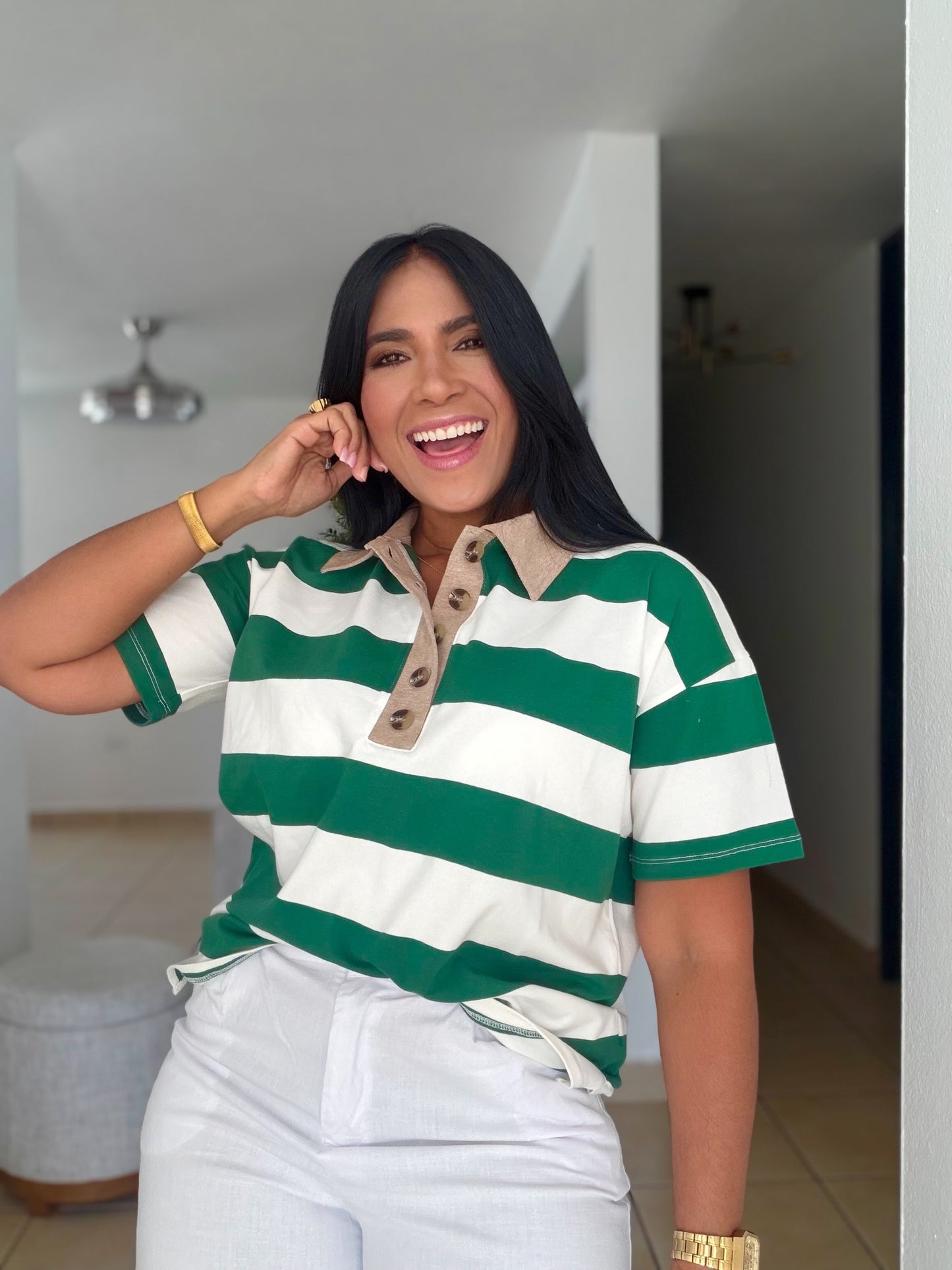 Hunter Green and White Luxe Spandex Mega Premium Striped Polo Shirt (SOLD OUT)