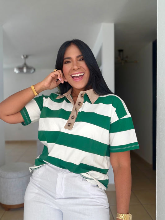 Hunter Green and White Luxe Spandex Mega Premium Striped Polo Shirt