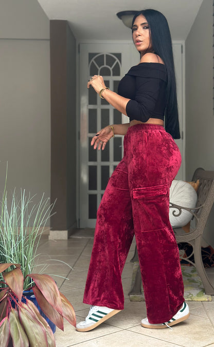 Iana Burgundy Velvet Spandex Cargo Pants