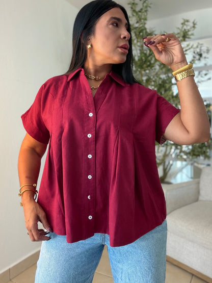 Luxe Red Wine Linen Oversized Blusòn (mangas se usan de dos formas) Rojo Wine(SOLD OUT GRACIAS)