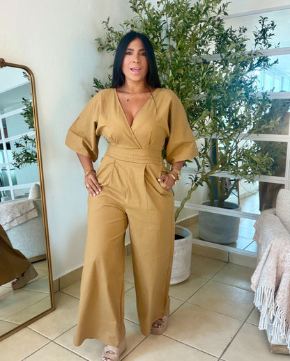 Bello Gold Taupè Bien Spandex Wide Leg Jumpsuit (tiene bolsillos)