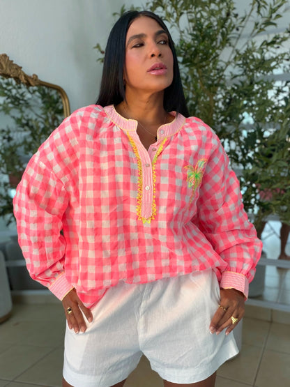 The Palms Luxe Oversized Gingham Blouse (Blusòn Oversized) Neon Multicolor