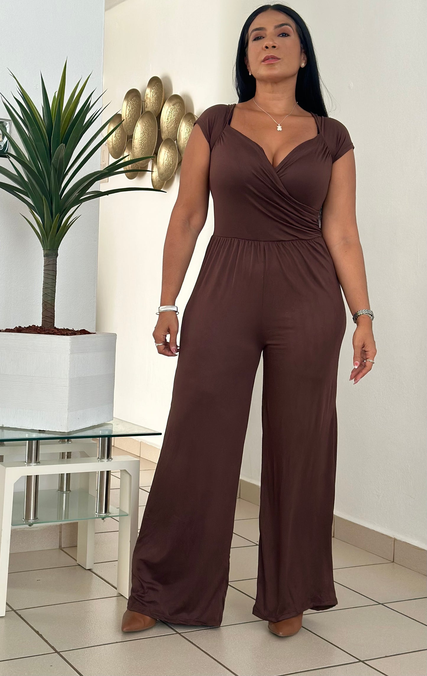 Brown Choco Spandex Cotto Palazzo Jumpsuit