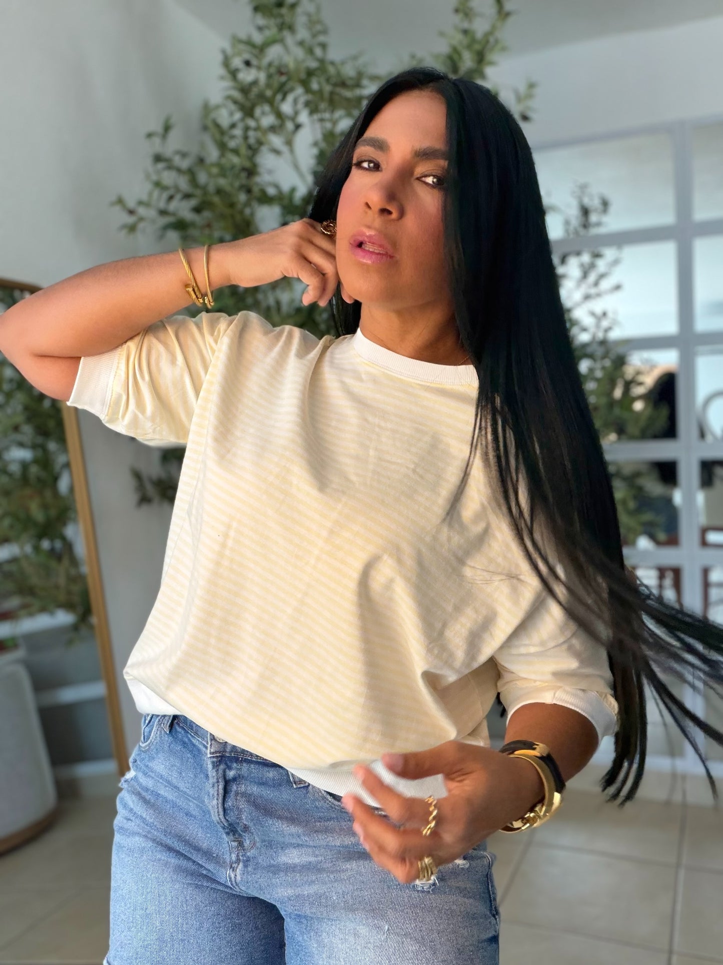 Top Oversized de lìneas Butter Yelloy and White
