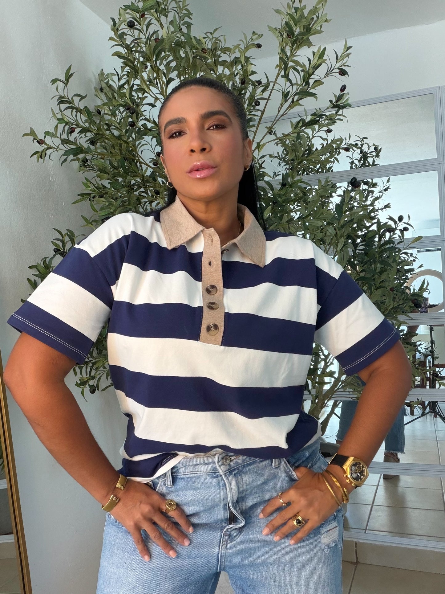 Navy Blur  and White Luxe Spandex Premium Striped Polo Shirt (camisa con lìneas color azul navy) De lujo!