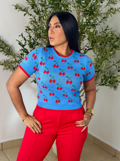 Red/Blue Cherry Spandex Top ( Mega bella, liviana, cómoda y expandible)
