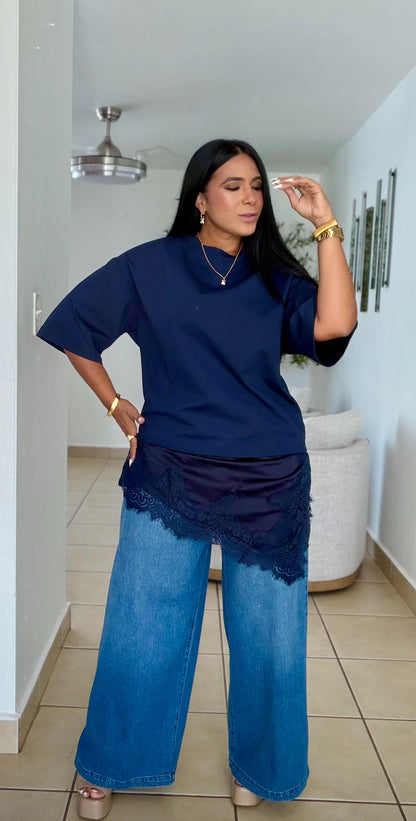 Lulu Oversized Luxe Navy Blue Shirt with lace