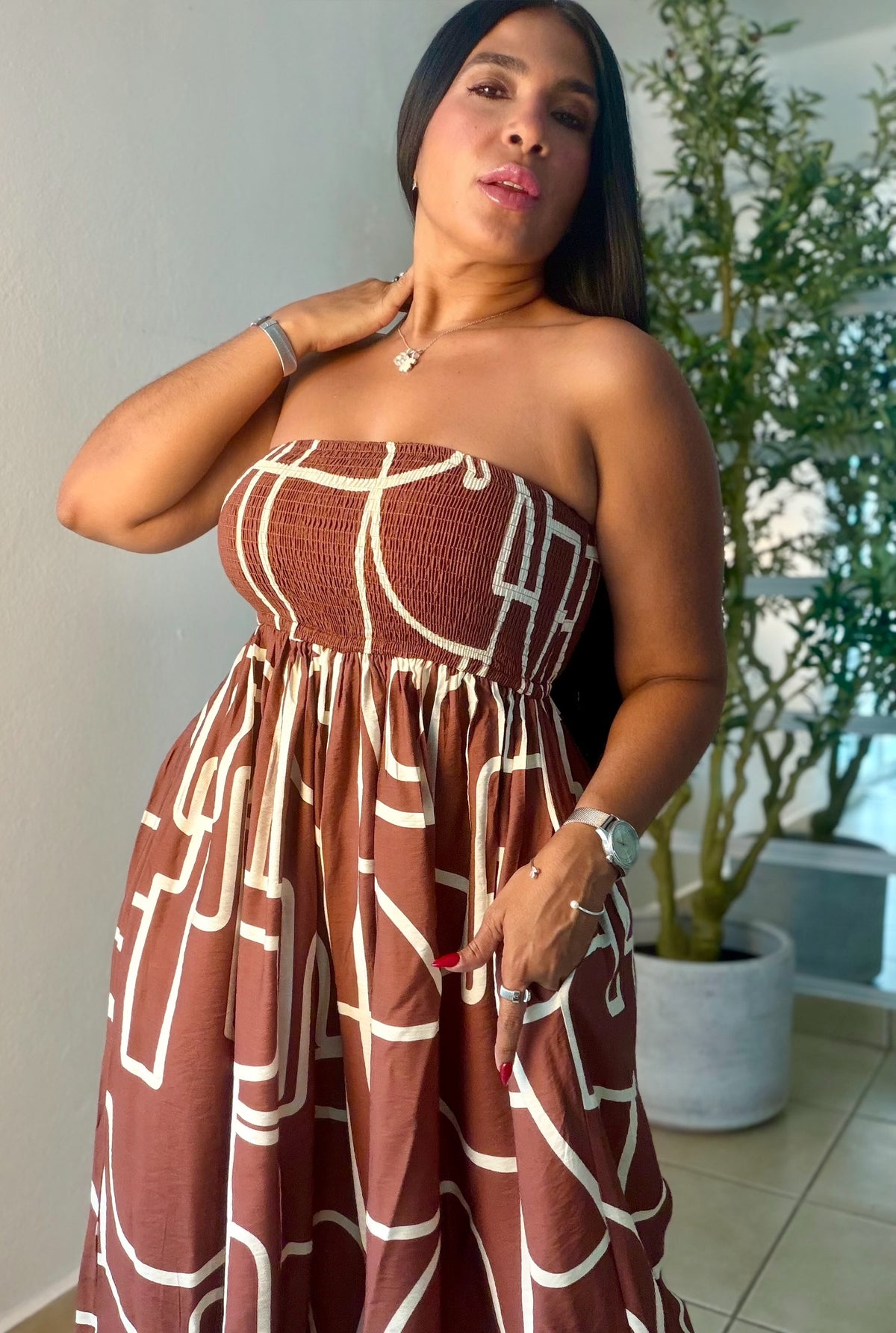 Darimar Wide Leg Spandex De Lujo Jumpsuit (tiene bolsillos y no zipper ni botones Choco Brown and lìneas Beige SOLD OUT GRCIAS