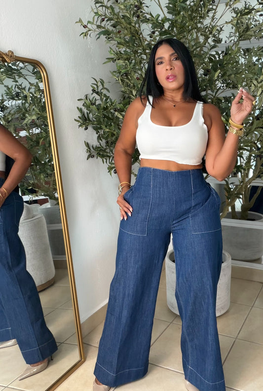 Denim Blue Wide Leg Spandex Jeans (tiene bolsillos, bien expandible y dr talle alto) puesto small