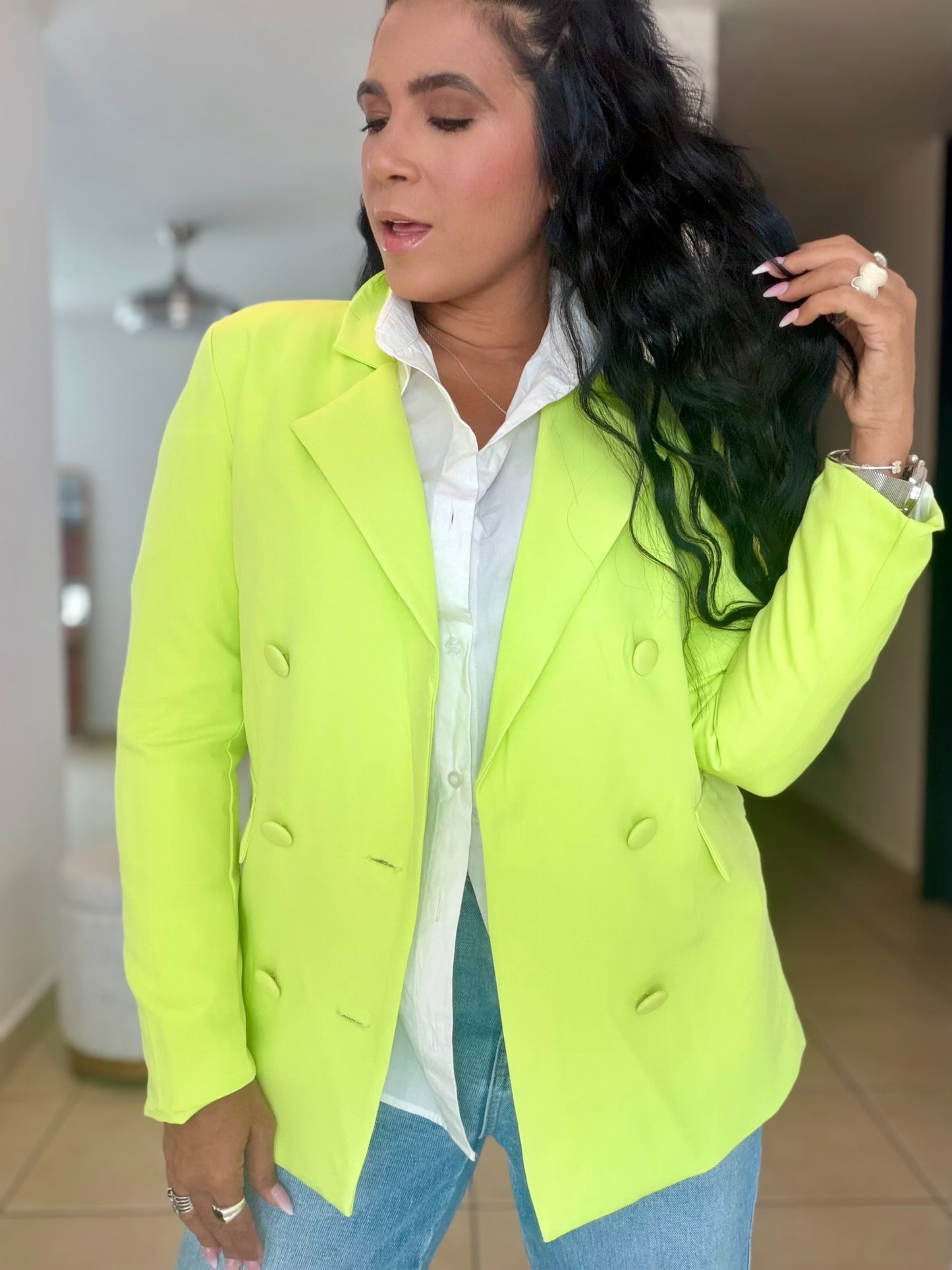 Neon Lime Green Spandex Blazer (puedes utilizar abierto o cerrado) oversized