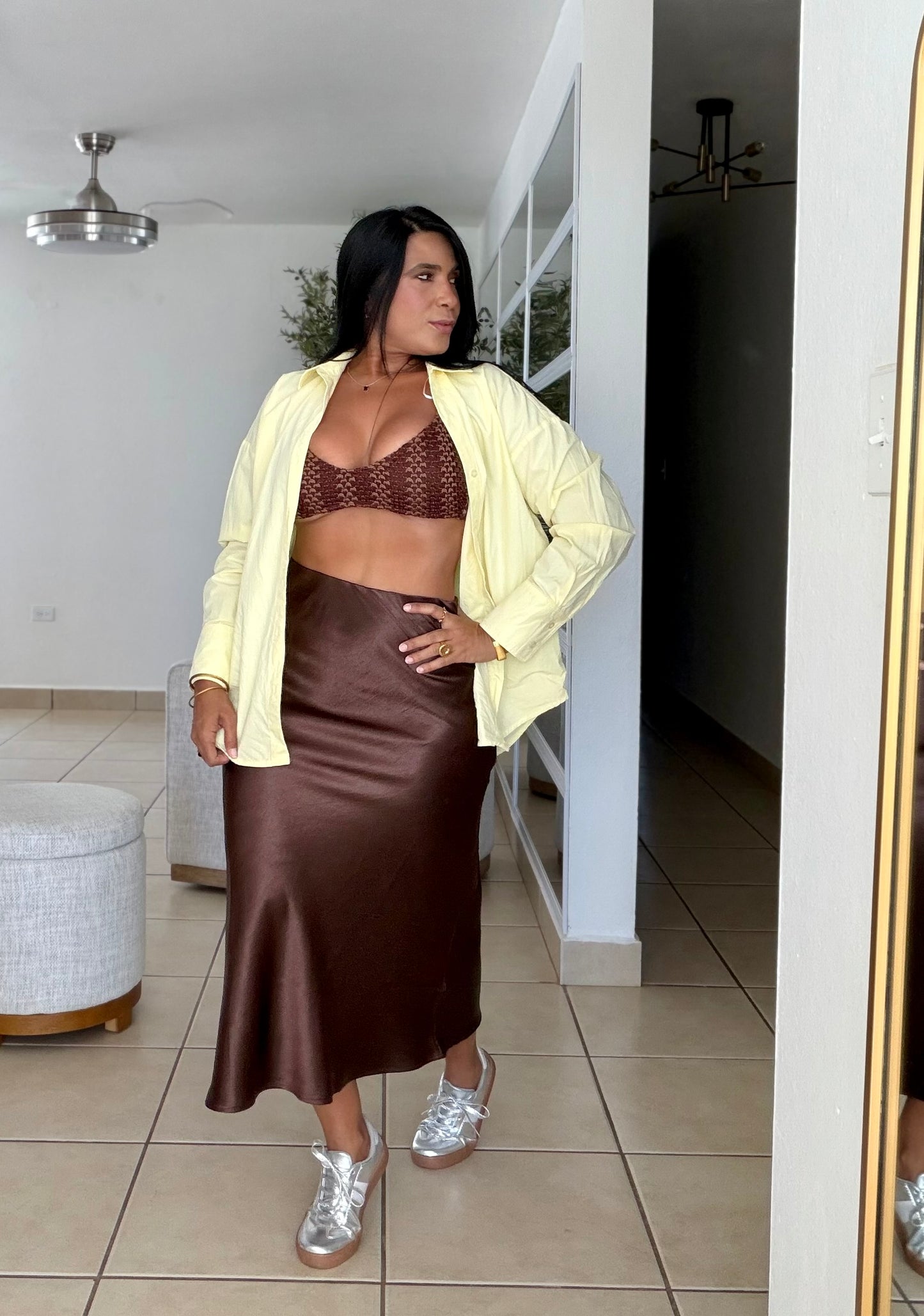 Texas Choco Brown Silk Spandex Midi Skirt (SOLD)