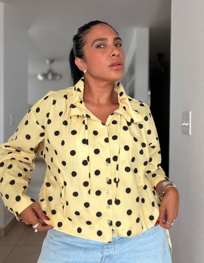 Bomber Top/Jacket Liviano Premium Butter Yellow Polka Dots (tiene bolsillos)