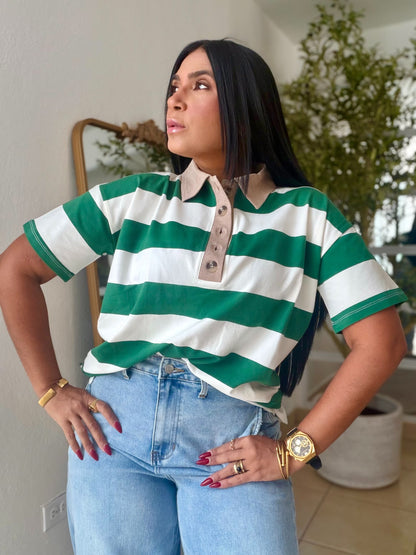 Hunter Green and White Luxe Spandex Mega Premium Striped Polo Shirt
