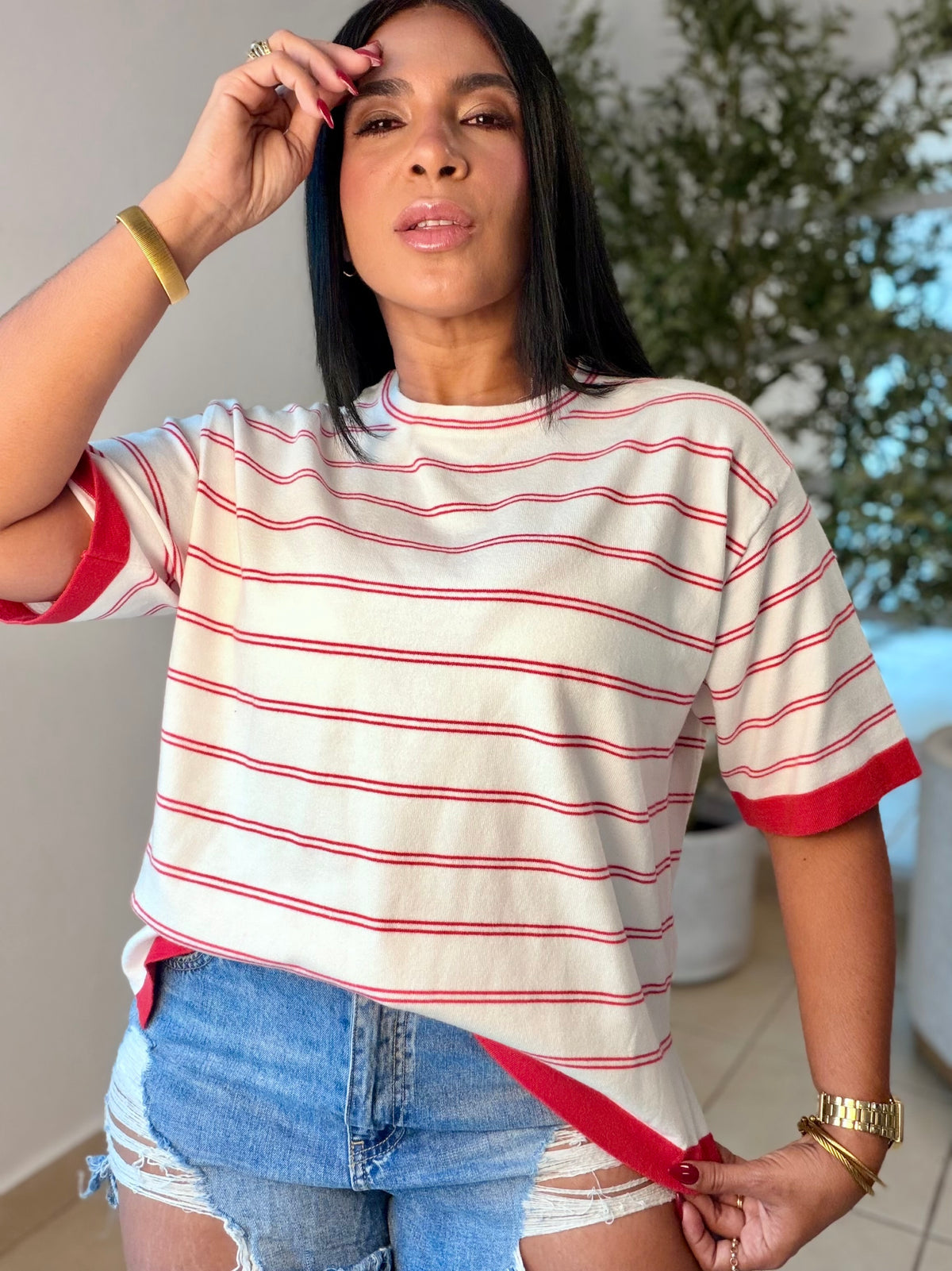 White and Red  Striped (lìneas) Oversized Premium Top Para todo el Año