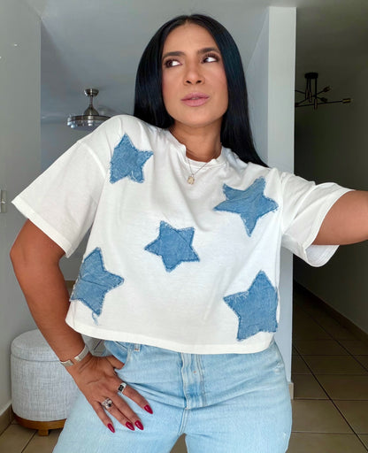 Estrellas White and Denim Top