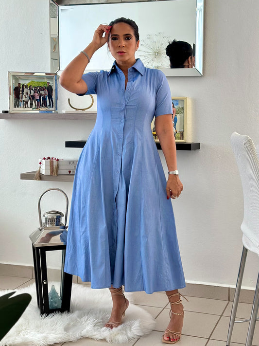 “Sola” Spandex Button Down DENIM Midi Dress ( es ajustable)