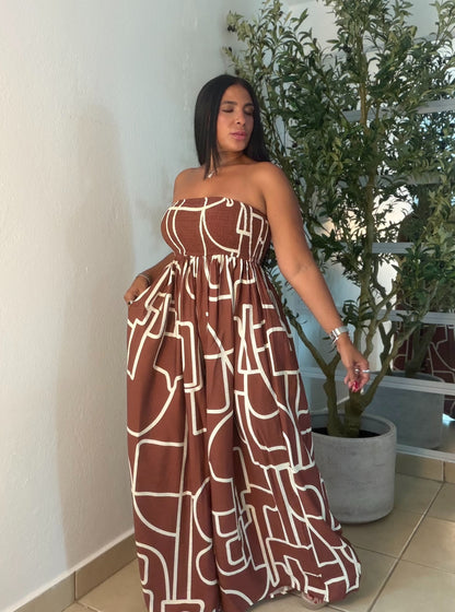 Darimar Wide Leg Spandex De Lujo Jumpsuit (tiene bolsillos y no zipper ni botones Choco Brown and lìneas Beige SOLD OUT GRCIAS