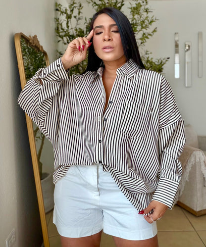 Black and Beige Striped Oversized Blouse SOLD OUT