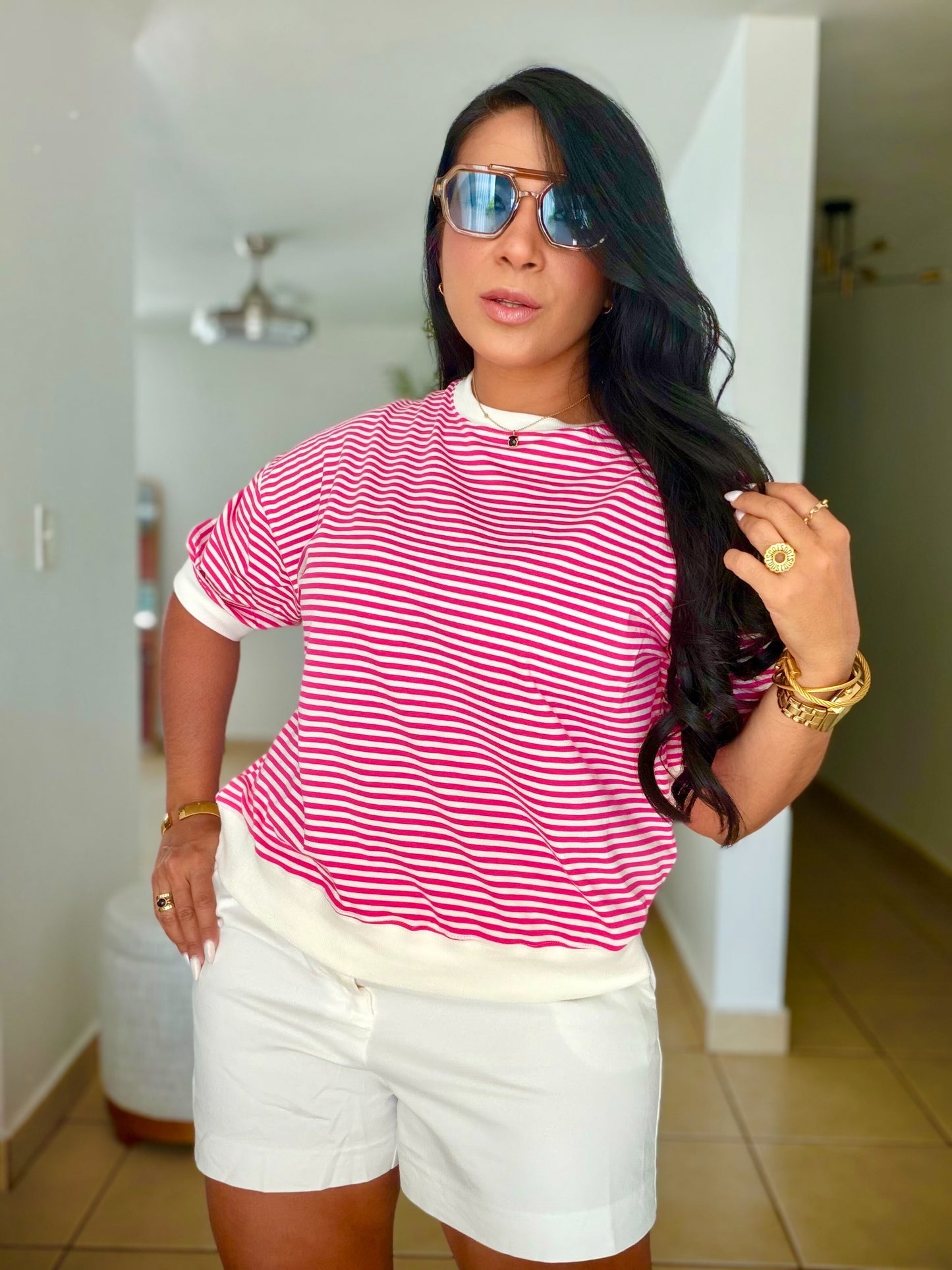 Striped Hot Pink and White Cotton Spandex Blusón