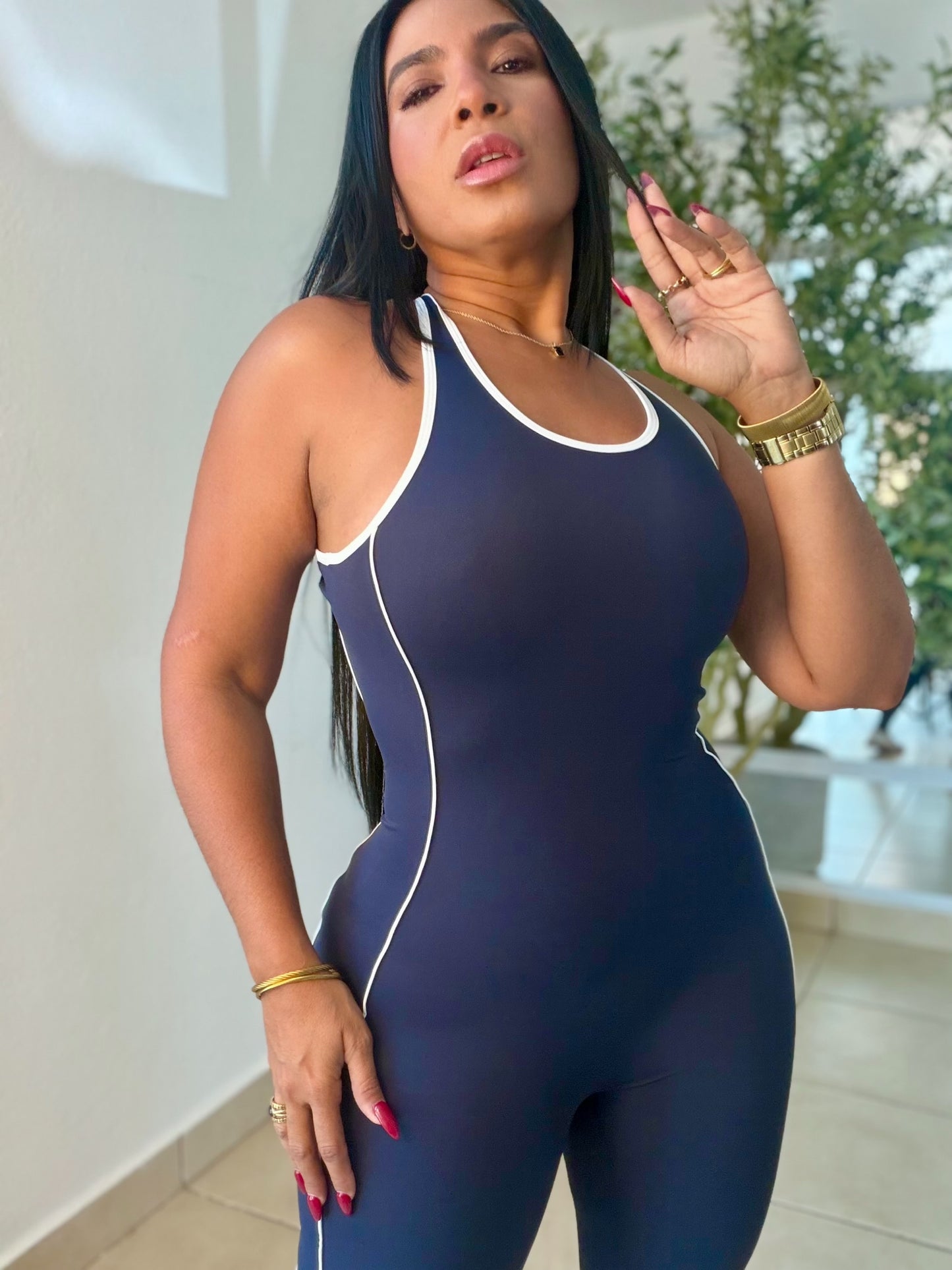 Navy Blue Como Faja de Lujo Spandex Azul Gym o Diario Jumpsuit (ùnico color)